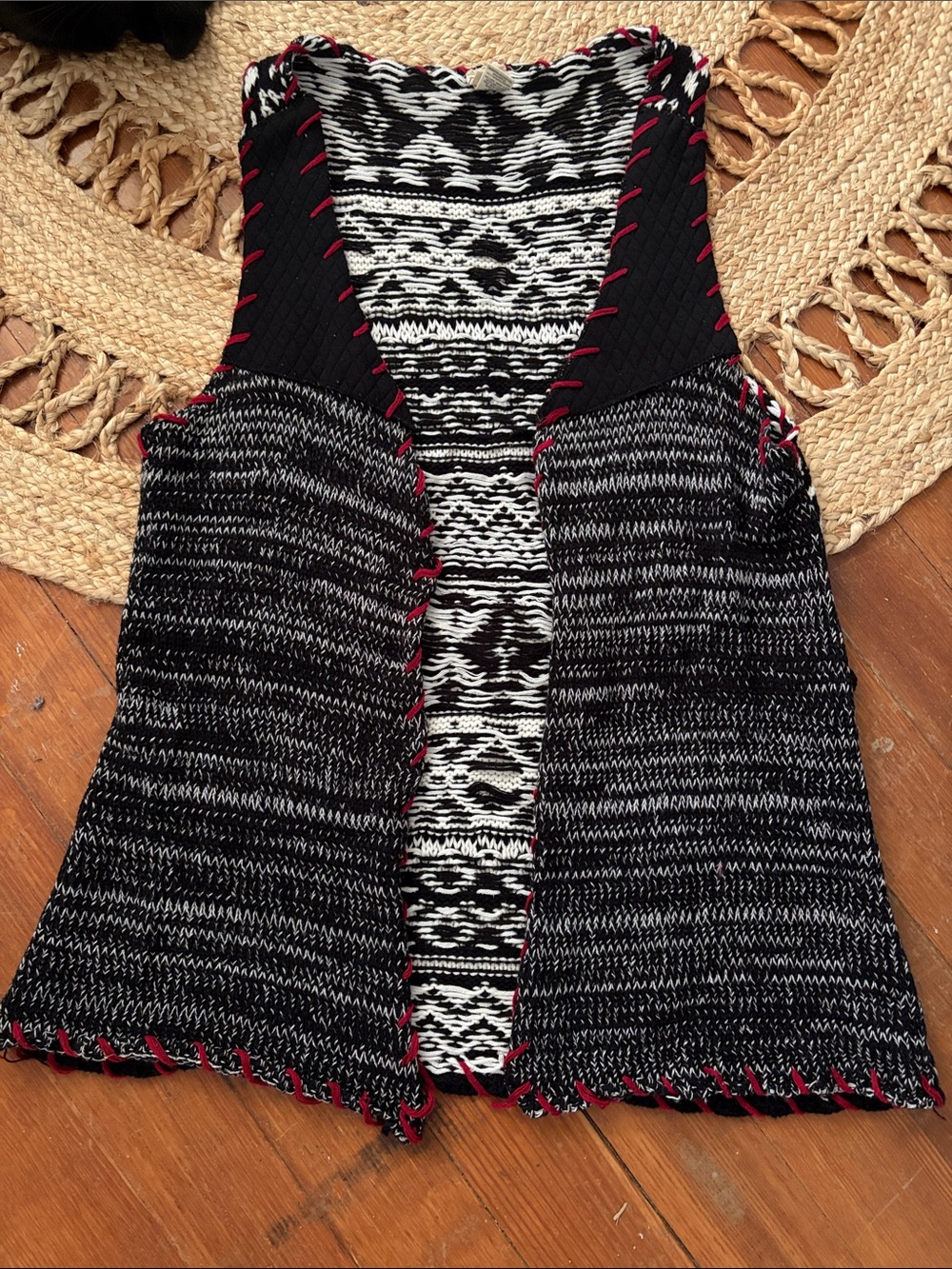 BKE Black & White Open Knit Vest with Red Trim
